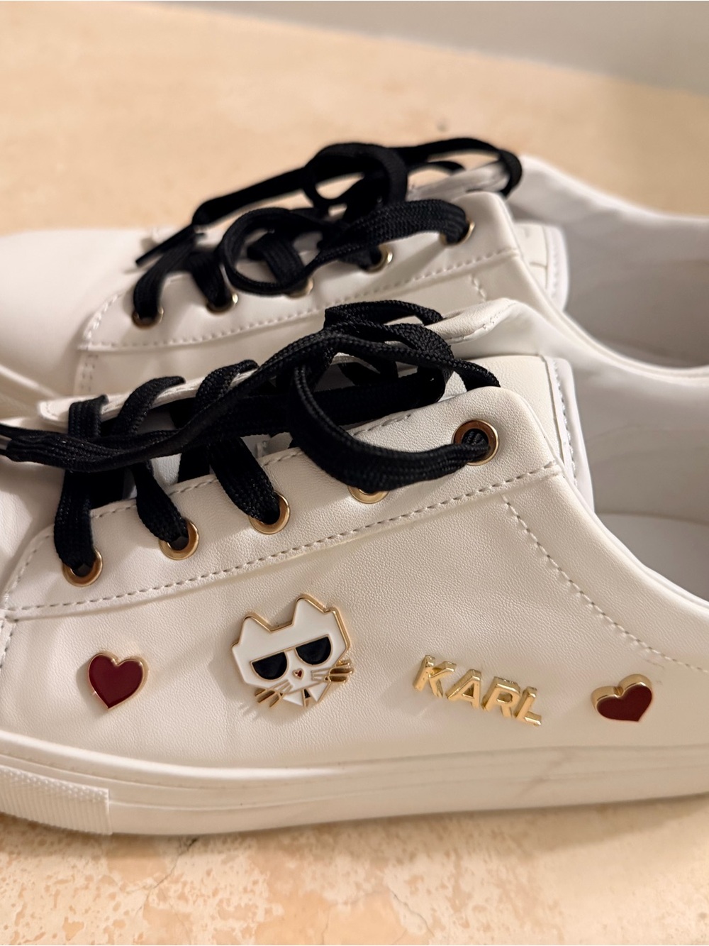 Karl Lagerfeld White Sneakers with Black Laces and Gold Accents - Picture 4 of 7